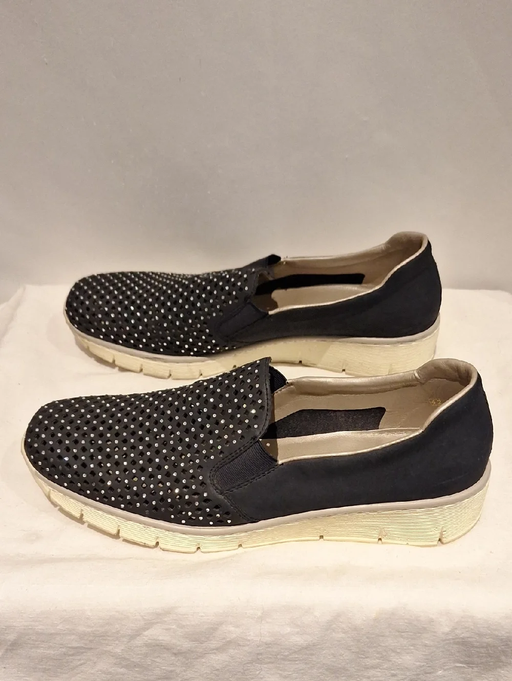 Rieker Blue Slip-On Perforated Rhinestone Flats Size 42